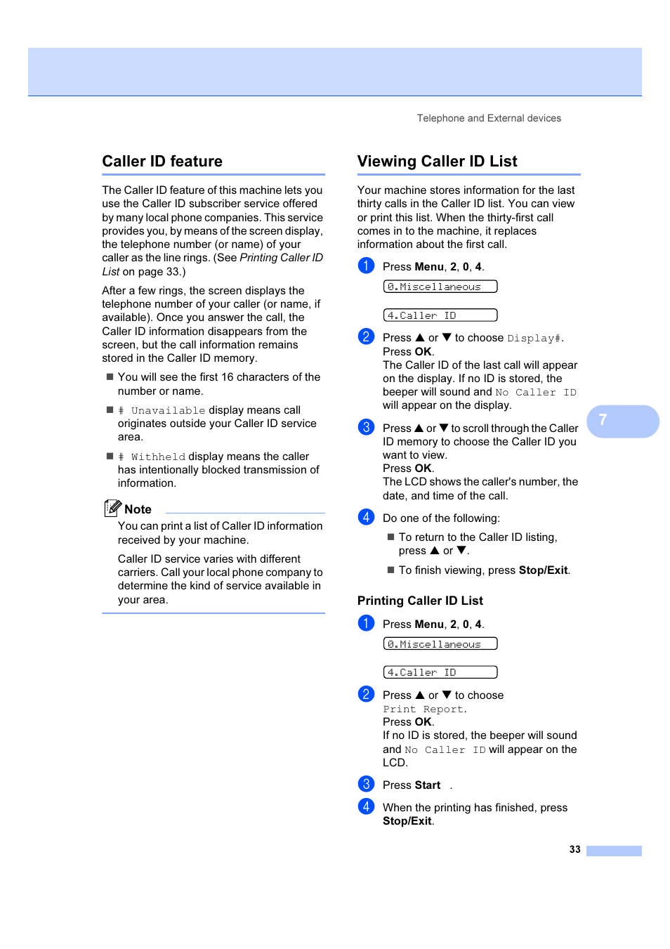 Caller id feature, Viewing caller id list, Printing caller id list | Caller id feature viewing caller id list, 7caller id feature | Brother IntelliFAX 1360 User Manual | Page 41 / 114