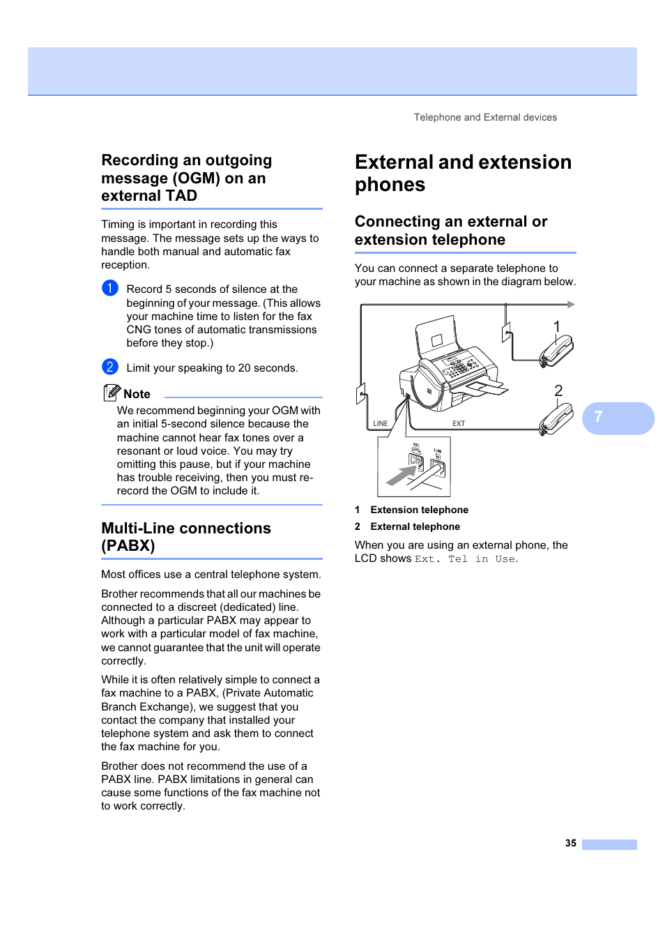 Multi-line connections (pabx), External and extension phones, Connecting an external or extension telephone | Brother IntelliFAX 1360 User Manual | Page 43 / 114