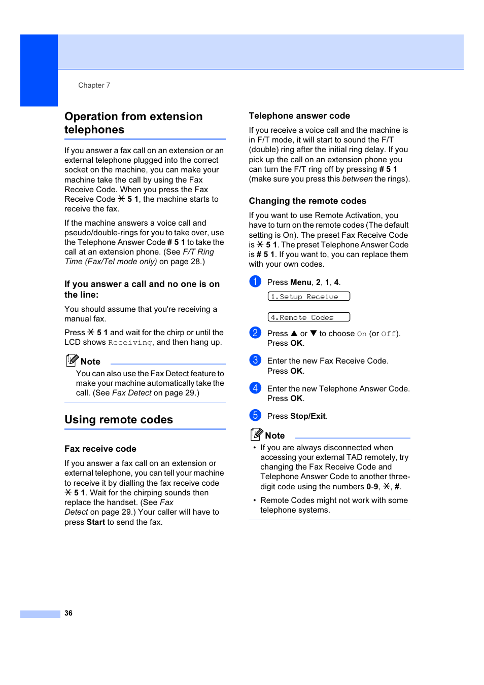 Operation from extension telephones, If you answer a call and no one is on the line, Using remote codes | Fax receive code, Telephone answer code, Changing the remote codes | Brother IntelliFAX 1360 User Manual | Page 44 / 114