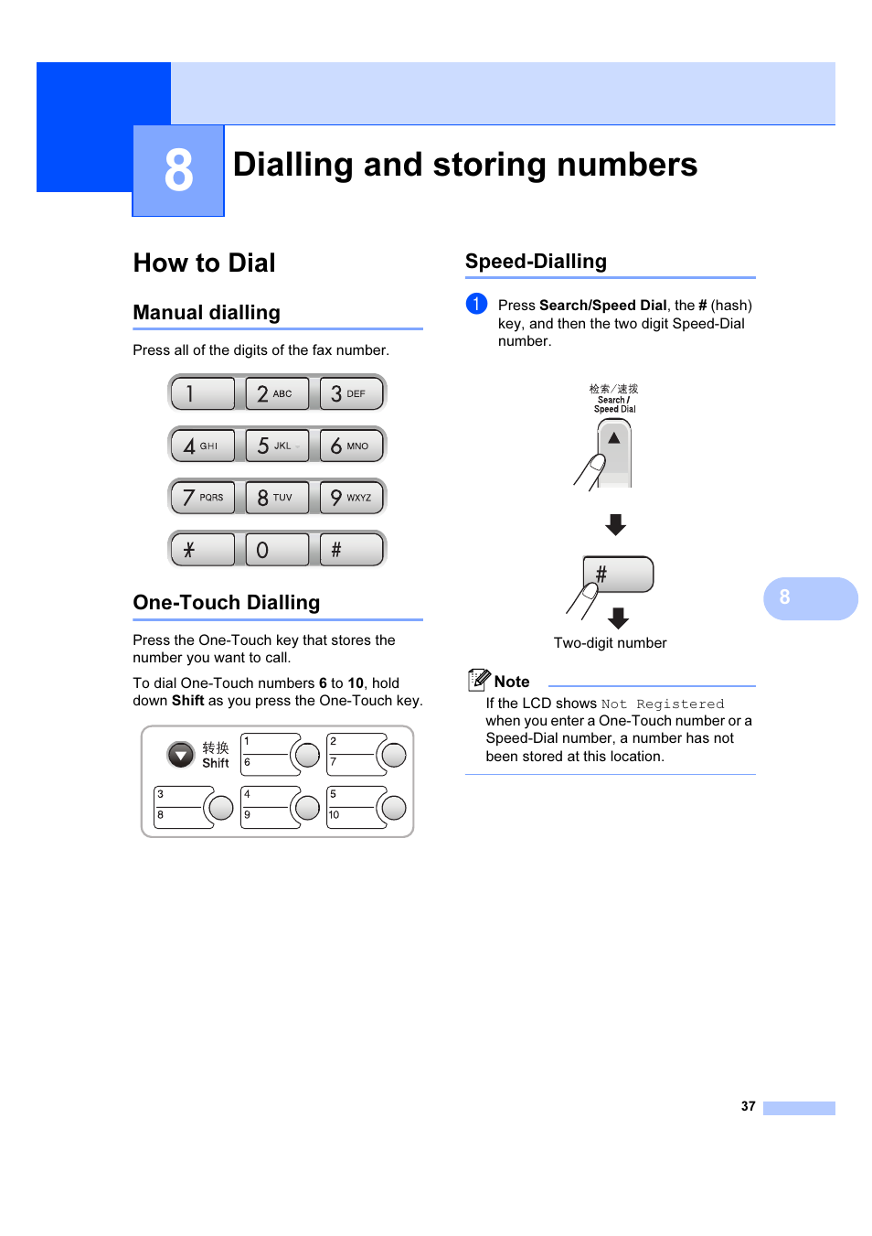 8 dialling and storing numbers, How to dial, Manual dialling | One-touch dialling, Speed-dialling, Dialling and storing numbers, Manual dialling one-touch dialling speed-dialling | Brother IntelliFAX 1360 User Manual | Page 45 / 114