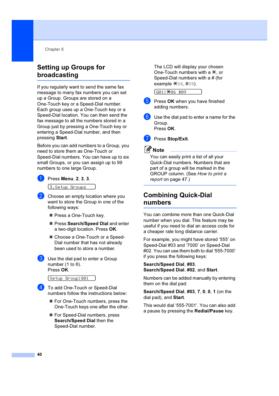 Setting up groups for broadcasting, Combining quick-dial numbers | Brother IntelliFAX 1360 User Manual | Page 48 / 114