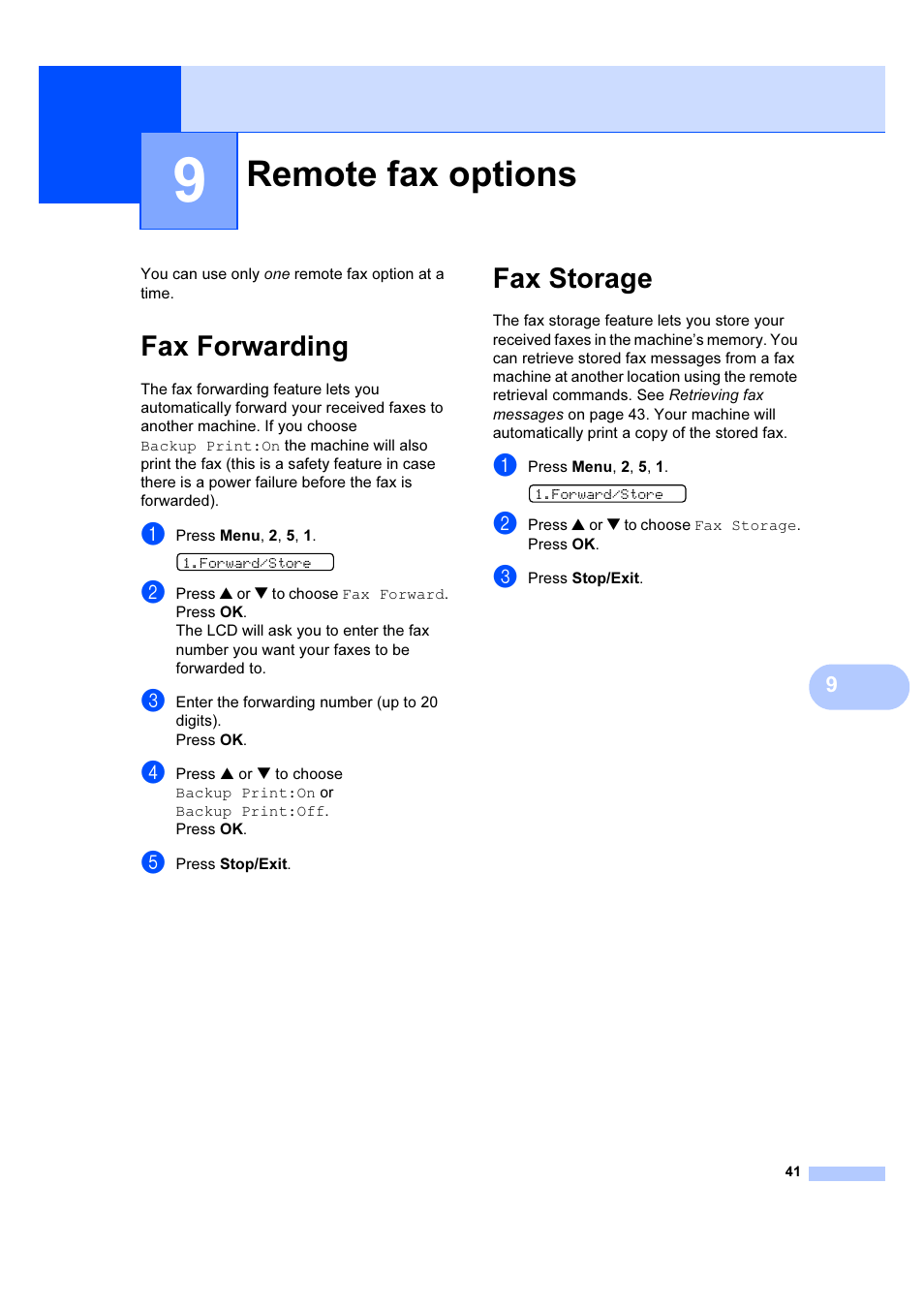 9 remote fax options, Fax forwarding, Fax storage | Remote fax options, Fax forwarding fax storage | Brother IntelliFAX 1360 User Manual | Page 49 / 114