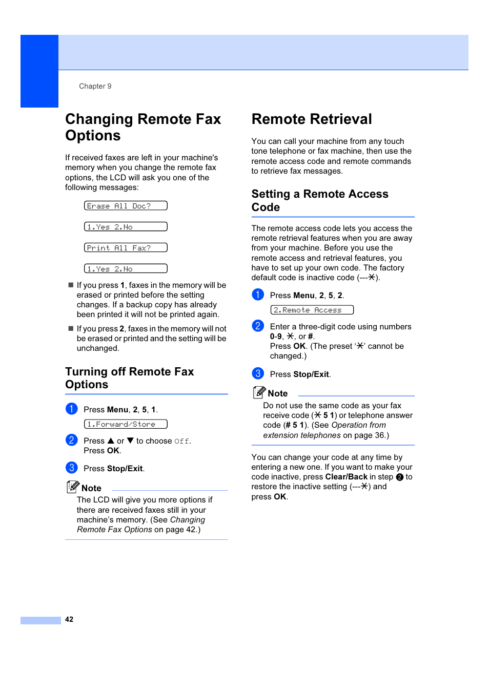 Changing remote fax options, Turning off remote fax options, Remote retrieval | Setting a remote access code | Brother IntelliFAX 1360 User Manual | Page 50 / 114