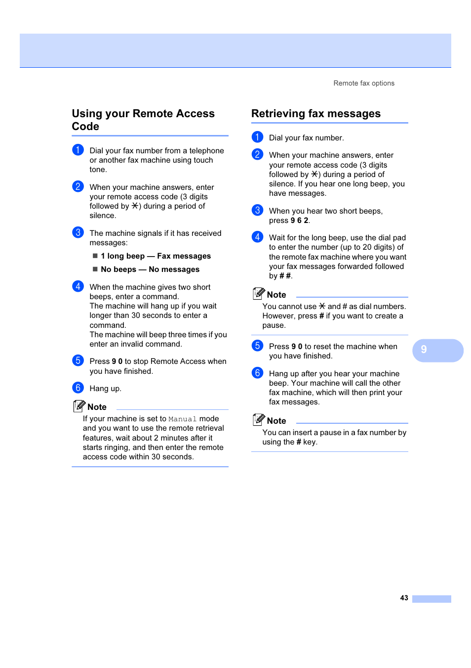 Using your remote access code, Retrieving fax messages, 9using your remote access code | Brother IntelliFAX 1360 User Manual | Page 51 / 114