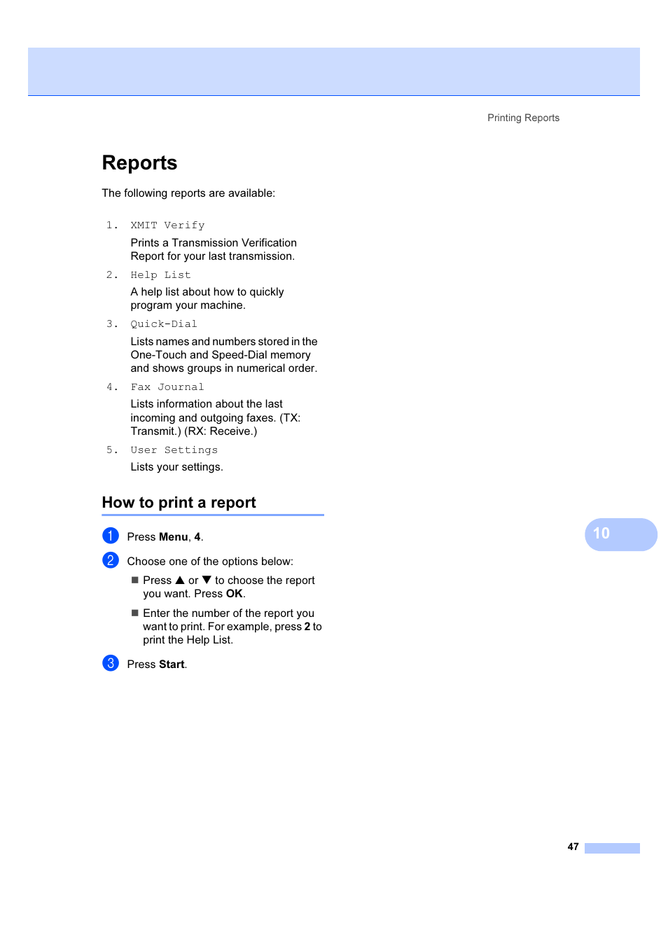 Reports, How to print a report | Brother IntelliFAX 1360 User Manual | Page 55 / 114