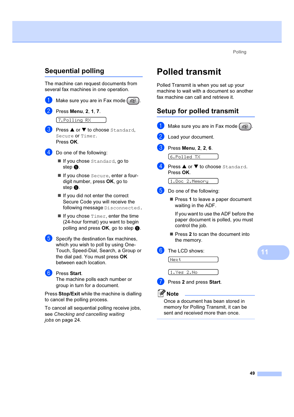 Sequential polling, Polled transmit, Setup for polled transmit | 11 sequential polling | Brother IntelliFAX 1360 User Manual | Page 57 / 114