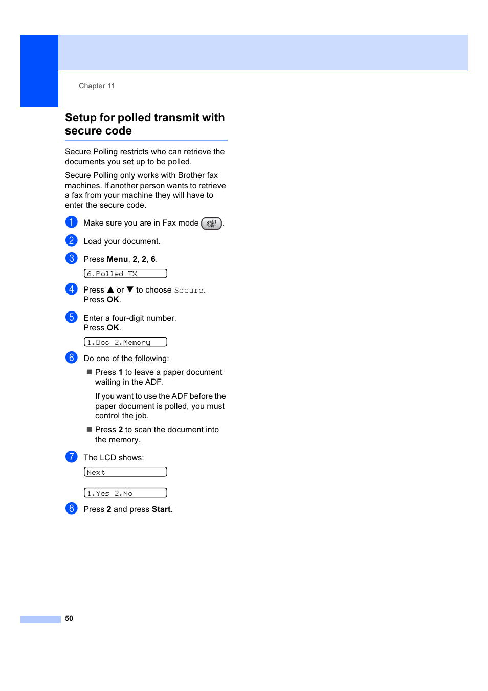 Setup for polled transmit with secure code | Brother IntelliFAX 1360 User Manual | Page 58 / 114