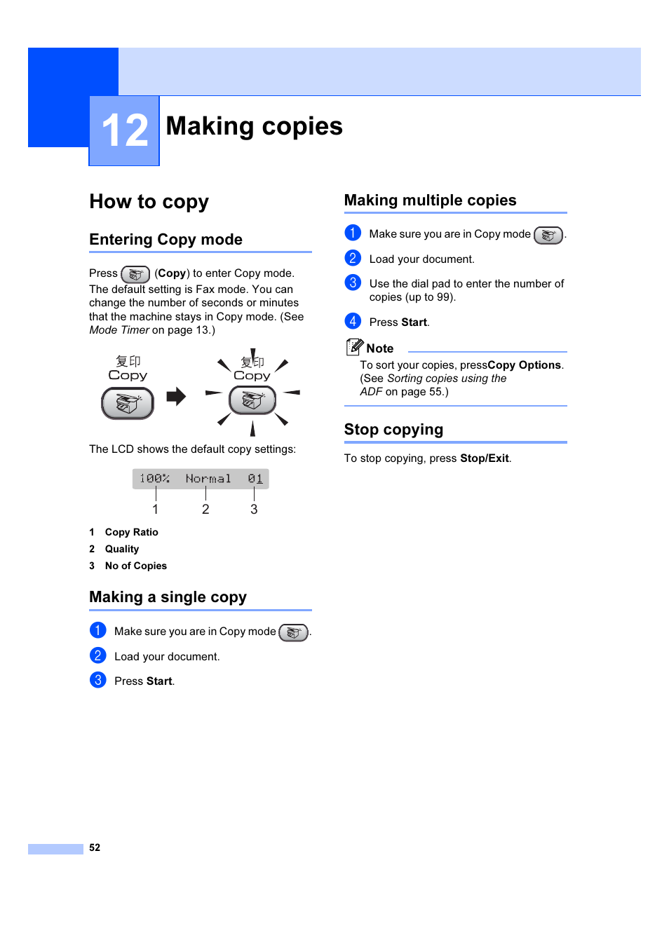 12 making copies, How to copy, Entering copy mode | Making a single copy, Making multiple copies, Stop copying, Making copies | Brother IntelliFAX 1360 User Manual | Page 60 / 114