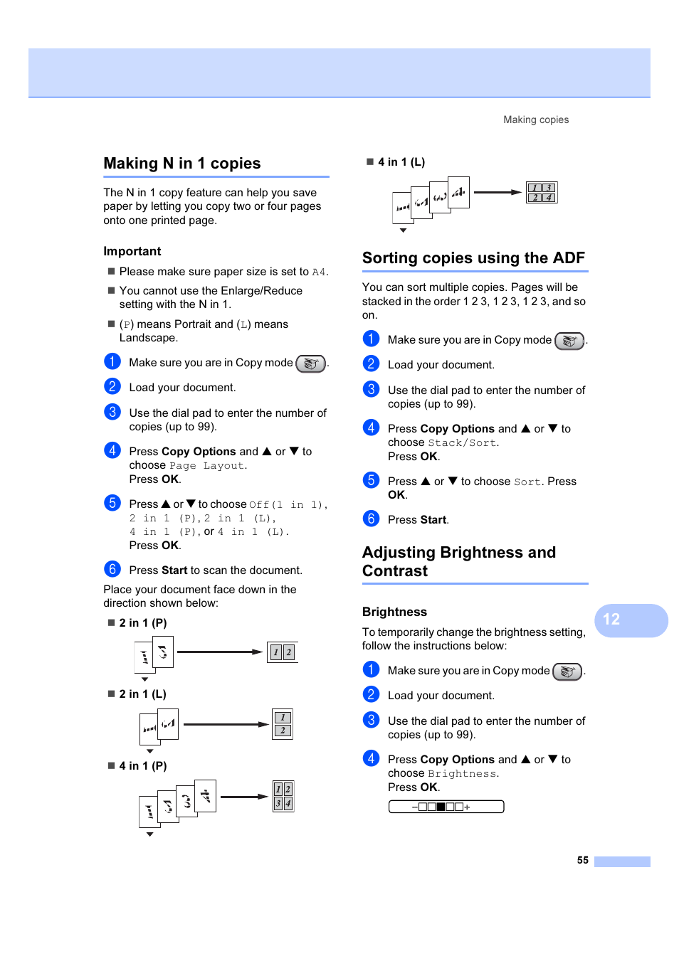 Making n in 1 copies, Important, Sorting copies using the adf | Adjusting brightness and contrast, Brightness, 12 making n in 1 copies | Brother IntelliFAX 1360 User Manual | Page 63 / 114