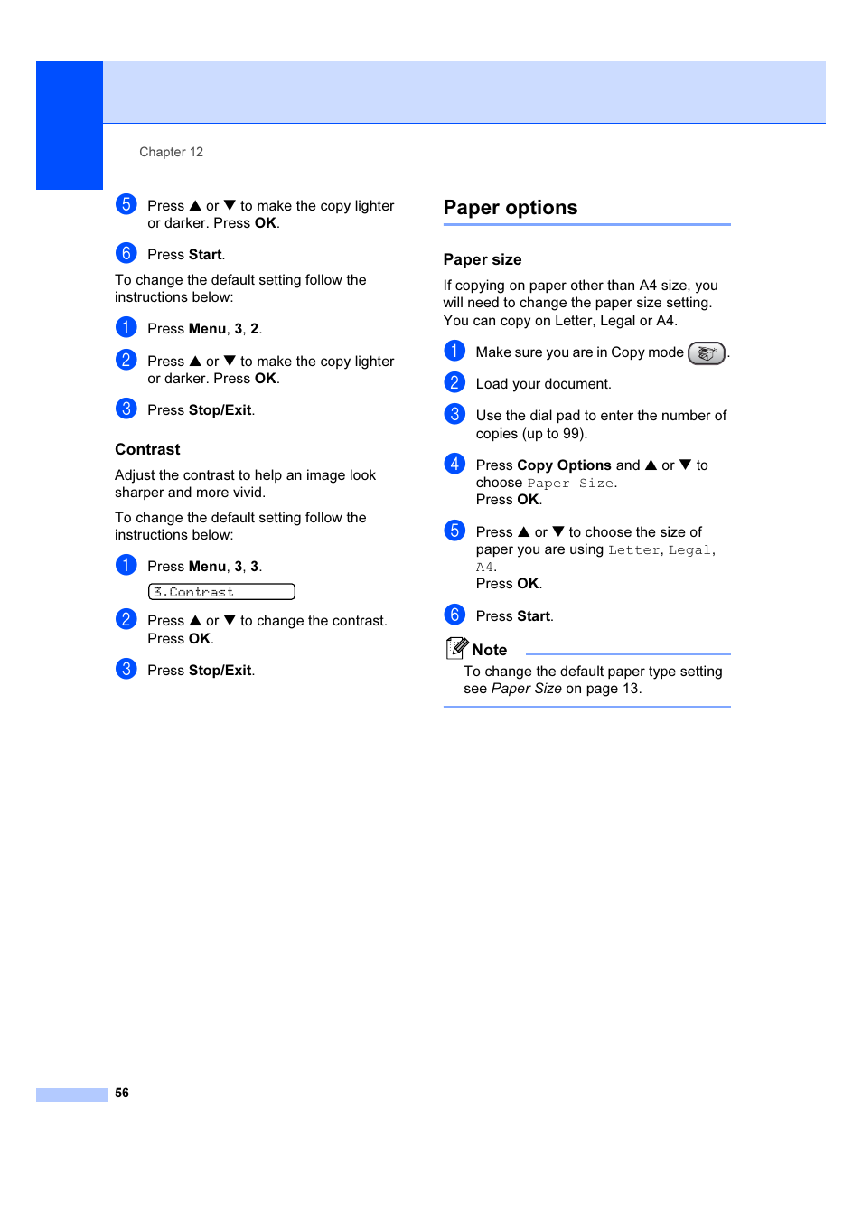 Contrast, Paper options, Paper size | Brother IntelliFAX 1360 User Manual | Page 64 / 114