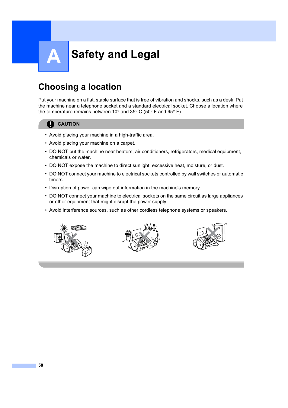 A safety and legal, Choosing a location, Safety and legal | Brother IntelliFAX 1360 User Manual | Page 66 / 114