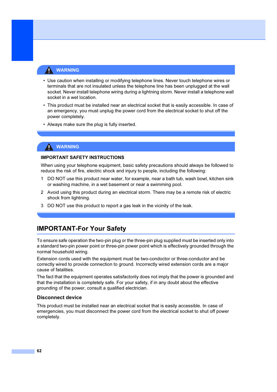 Important-for your safety, Disconnect device | Brother IntelliFAX 1360 User Manual | Page 70 / 114