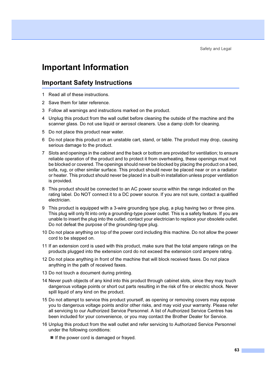 Important information, Important safety instructions | Brother IntelliFAX 1360 User Manual | Page 71 / 114