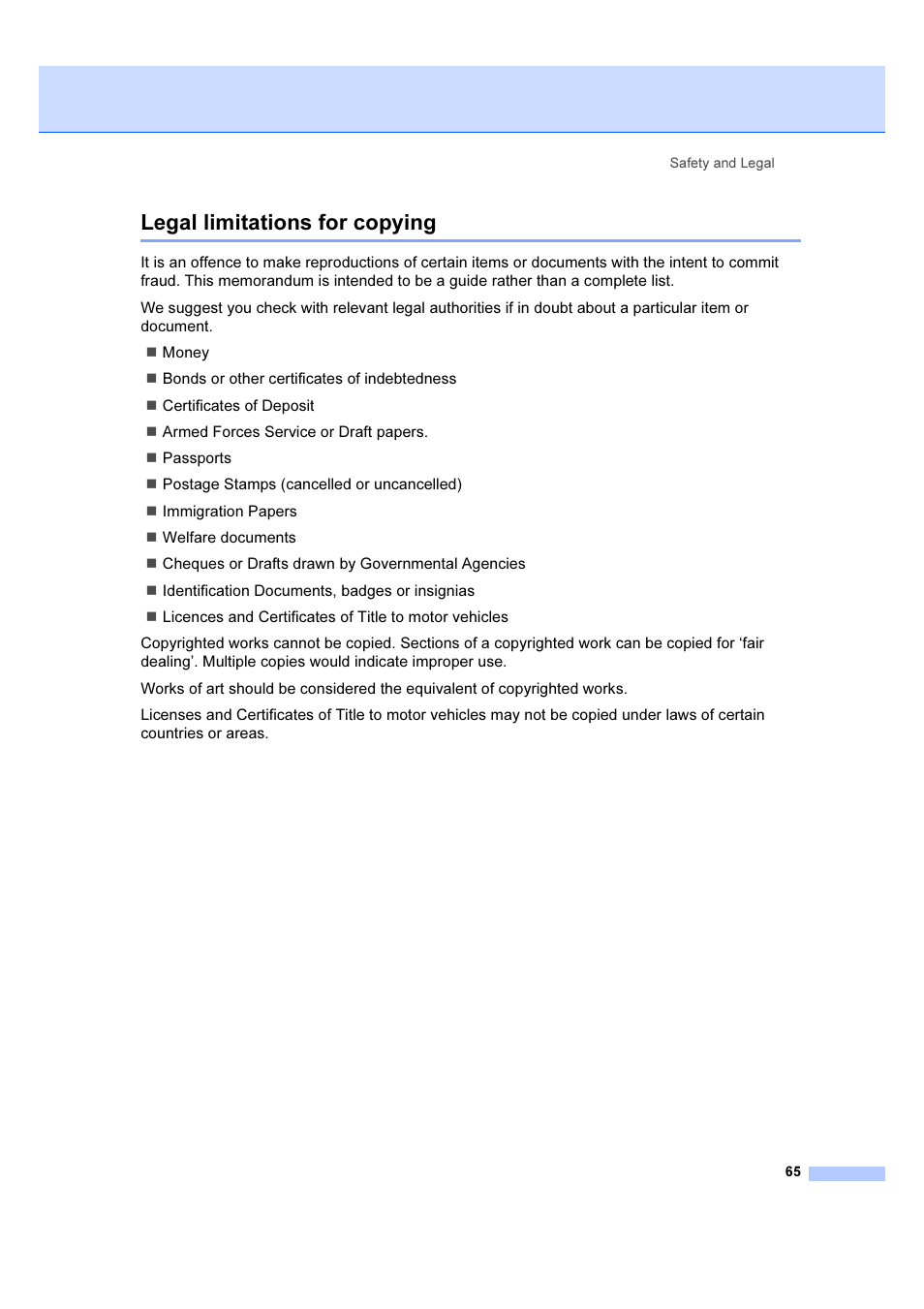 Legal limitations for copying | Brother IntelliFAX 1360 User Manual | Page 73 / 114