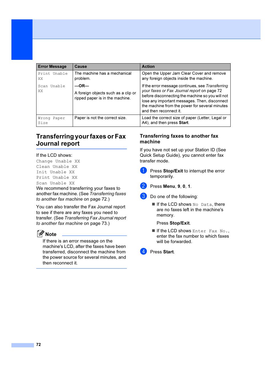 Transferring your faxes or fax journal report, Transferring faxes to another fax machine | Brother IntelliFAX 1360 User Manual | Page 80 / 114