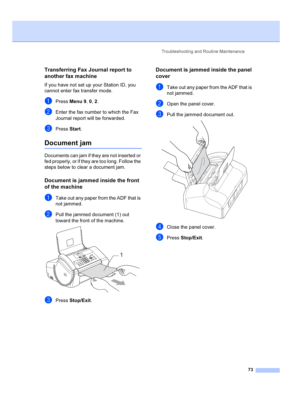 Document jam, Document is jammed inside the front of the machine, Document is jammed inside the panel cover | Brother IntelliFAX 1360 User Manual | Page 81 / 114