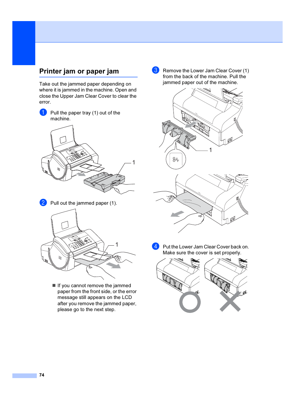 Printer jam or paper jam | Brother IntelliFAX 1360 User Manual | Page 82 / 114