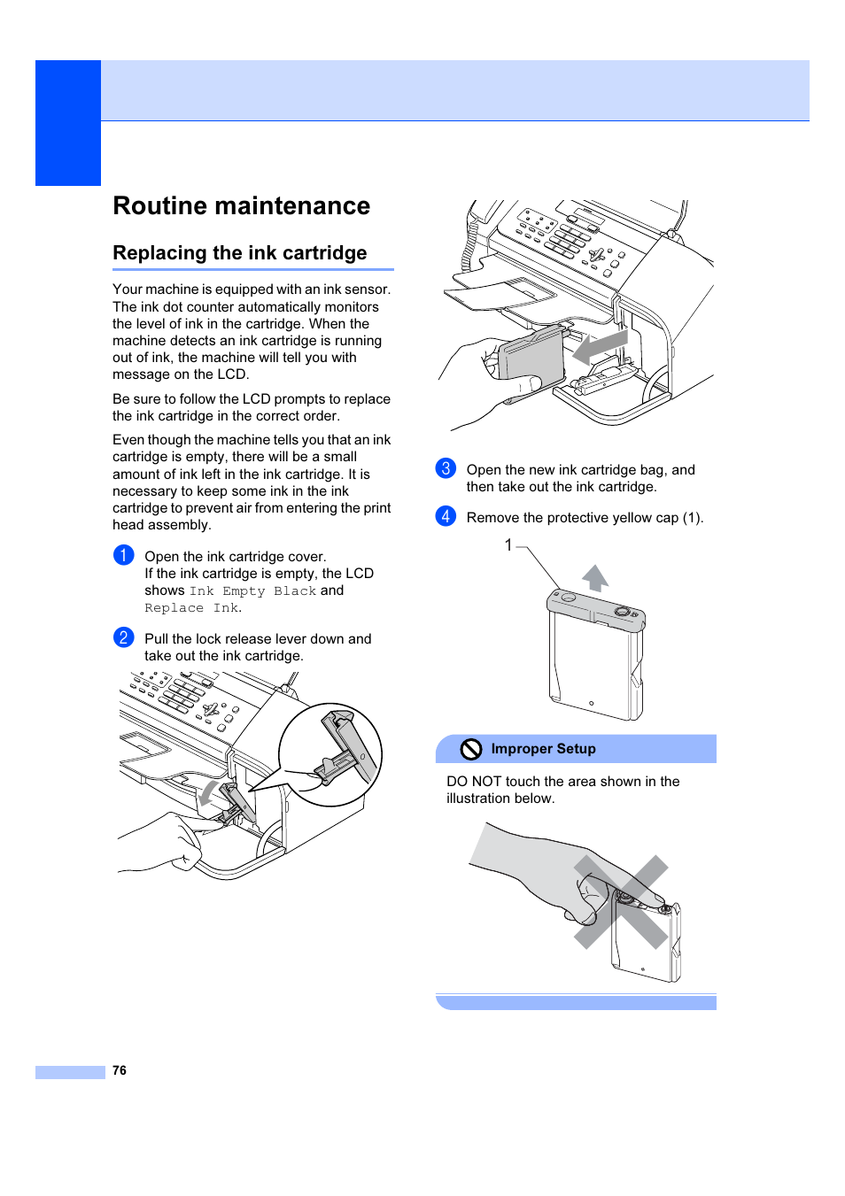 Routine maintenance, Replacing the ink cartridge | Brother IntelliFAX 1360 User Manual | Page 84 / 114