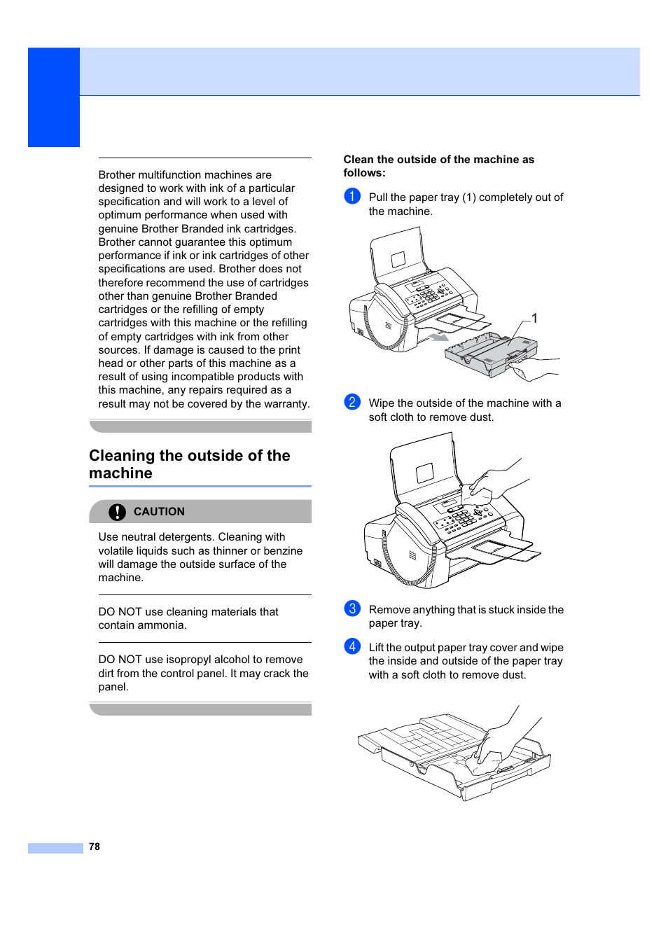 Cleaning the outside of the machine, Caution, Do not use cleaning materials that contain ammonia | Clean the outside of the machine as follows | Brother IntelliFAX 1360 User Manual | Page 86 / 114