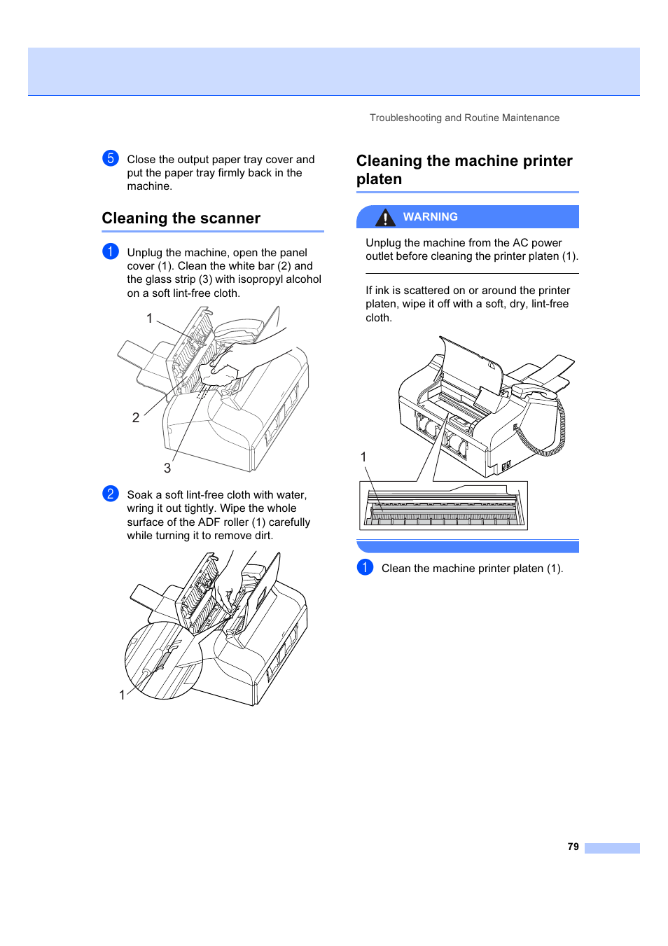 Cleaning the scanner, Cleaning the machine printer platen | Brother IntelliFAX 1360 User Manual | Page 87 / 114