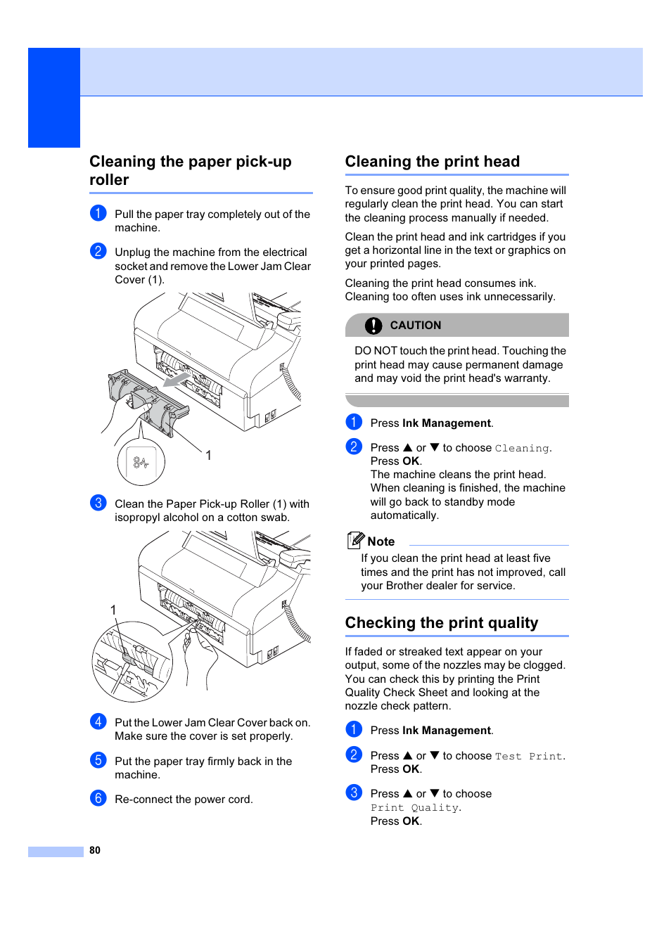 Cleaning the paper pick-up roller, Cleaning the print head, Checking the print quality | Brother IntelliFAX 1360 User Manual | Page 88 / 114