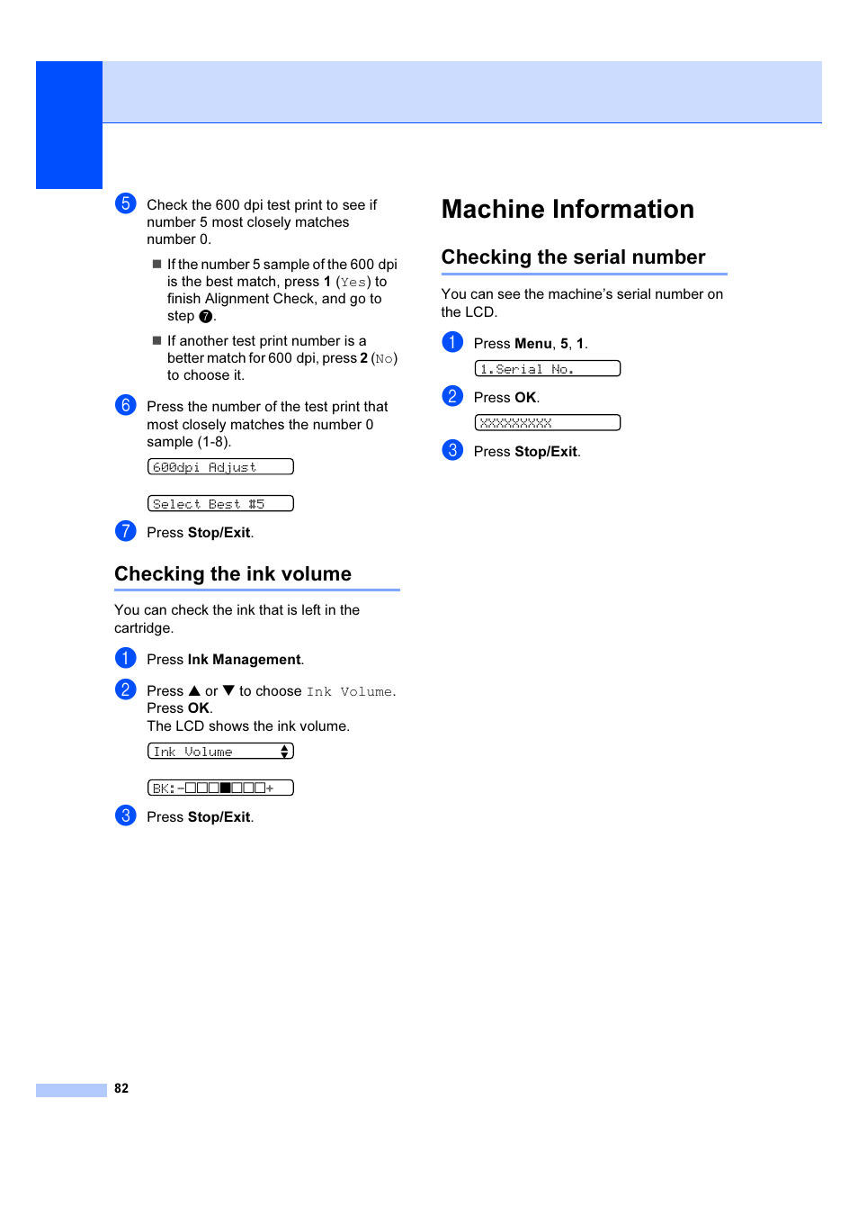 Checking the ink volume, Machine information, Checking the serial number | Brother IntelliFAX 1360 User Manual | Page 90 / 114