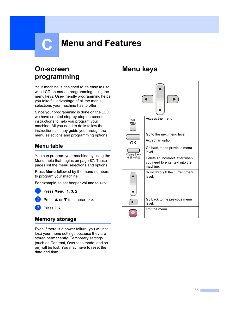 C menu and features, On-screen programming, Menu table | Memory storage, Menu keys, Menu and features, Menu table memory storage | Brother IntelliFAX 1360 User Manual | Page 93 / 114