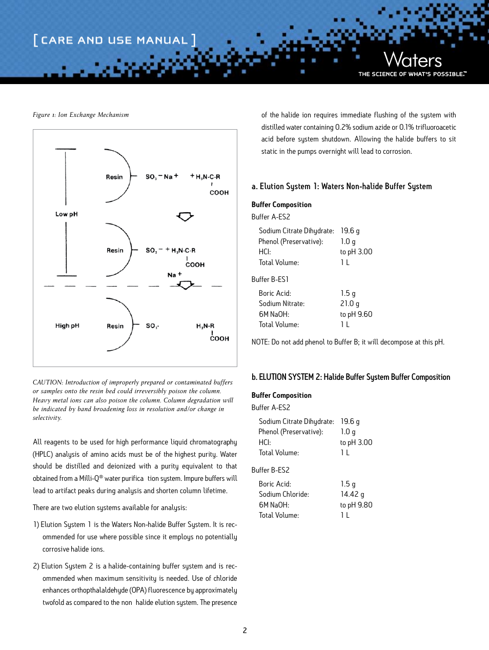 Care and use manual | Waters Amino Acid Analysis Liquid Chromatography Column User Manual | Page 2 / 9
