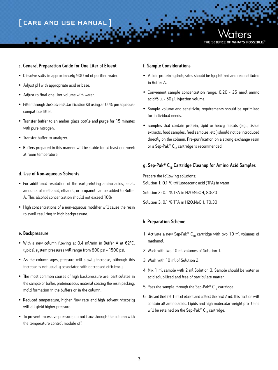 Care and use manual | Waters Amino Acid Analysis Liquid Chromatography Column User Manual | Page 3 / 9