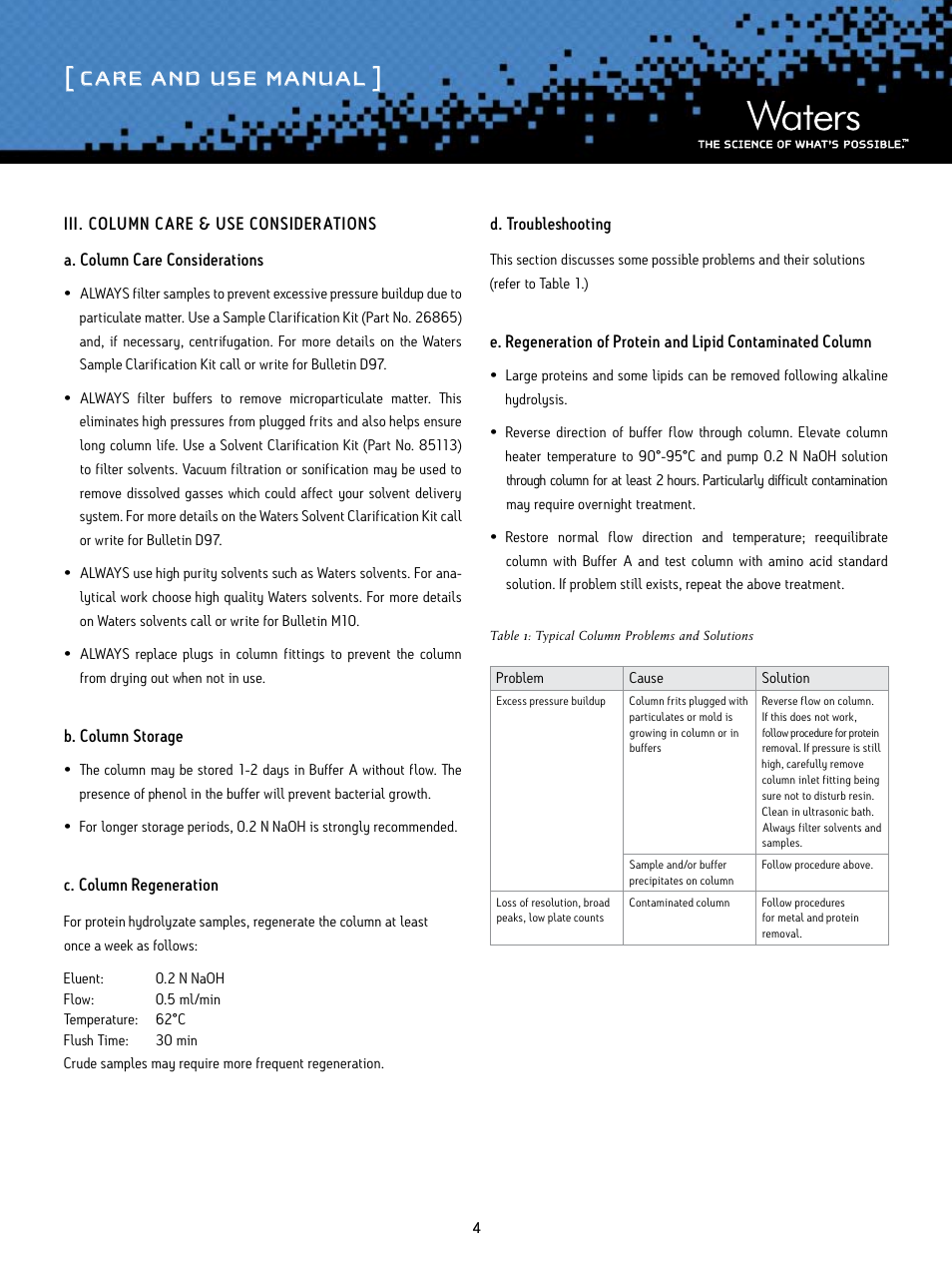 Care and use manual | Waters Amino Acid Analysis Liquid Chromatography Column User Manual | Page 4 / 9