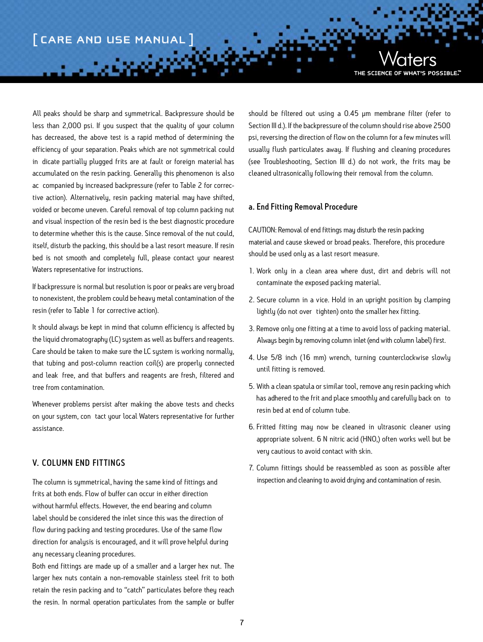 Care and use manual | Waters Amino Acid Analysis Liquid Chromatography Column User Manual | Page 7 / 9