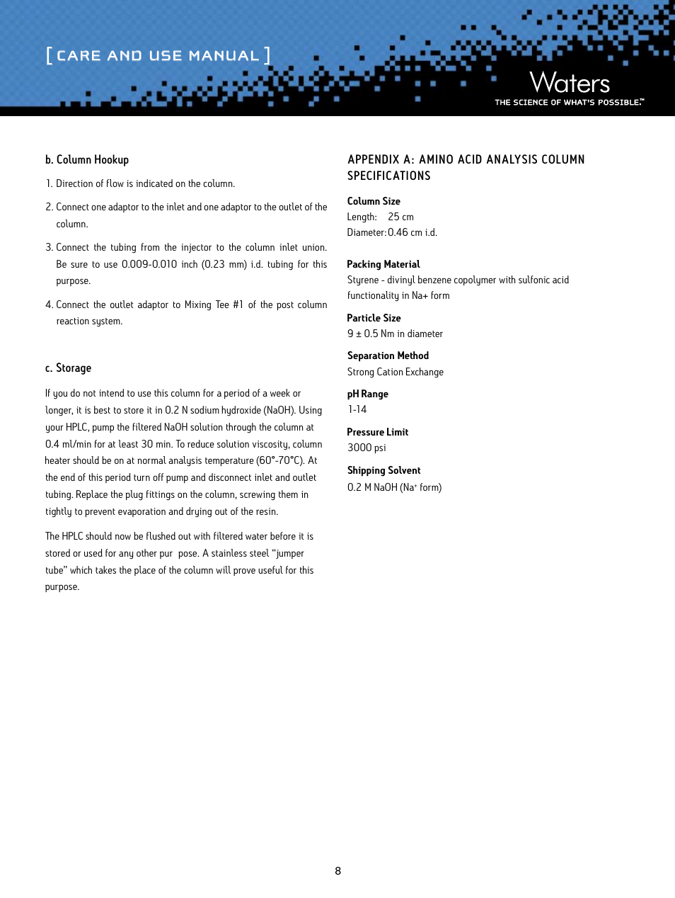 Care and use manual | Waters Amino Acid Analysis Liquid Chromatography Column User Manual | Page 8 / 9