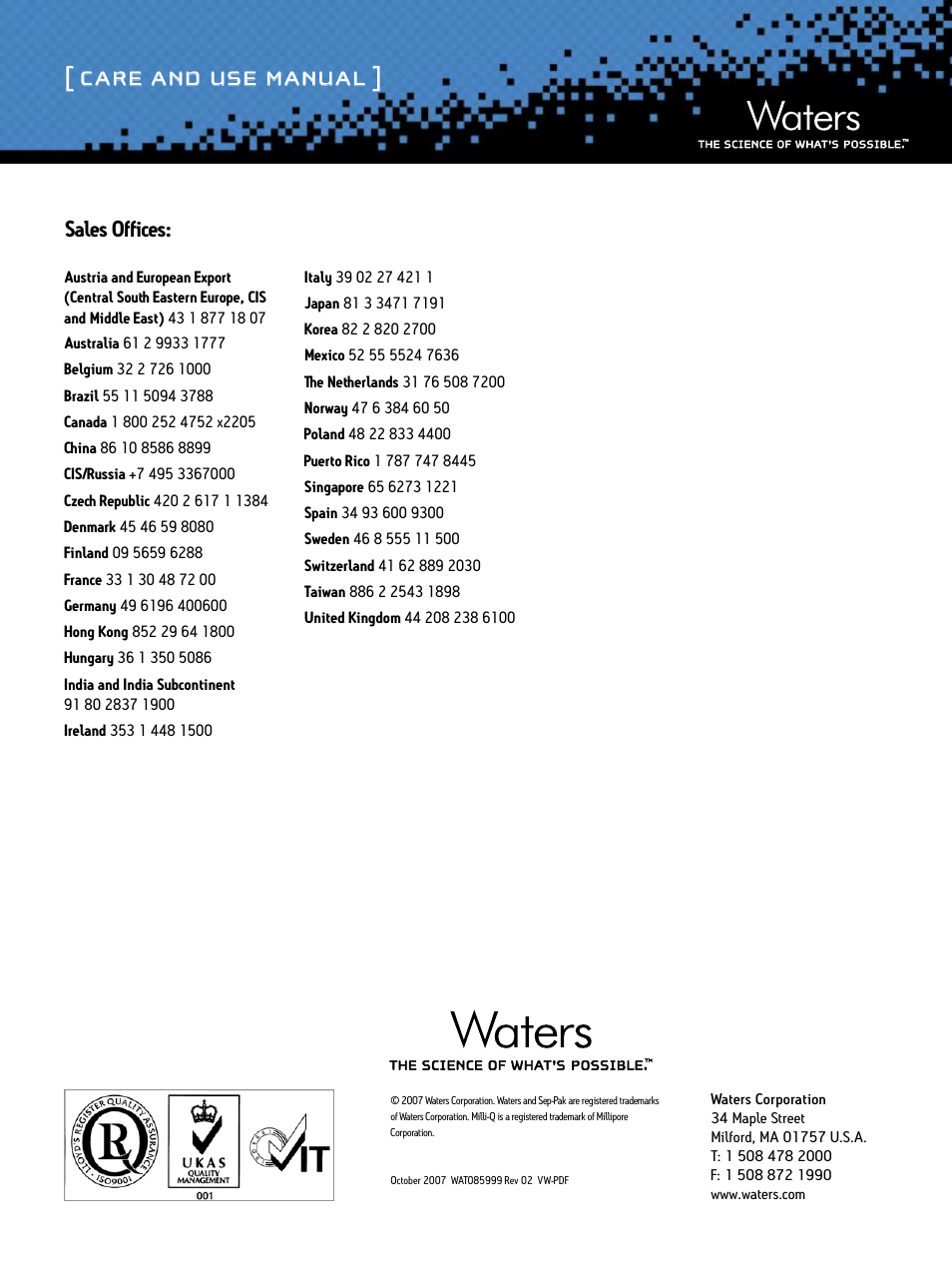 Care and use manual, Sales offices | Waters Amino Acid Analysis Liquid Chromatography Column User Manual | Page 9 / 9