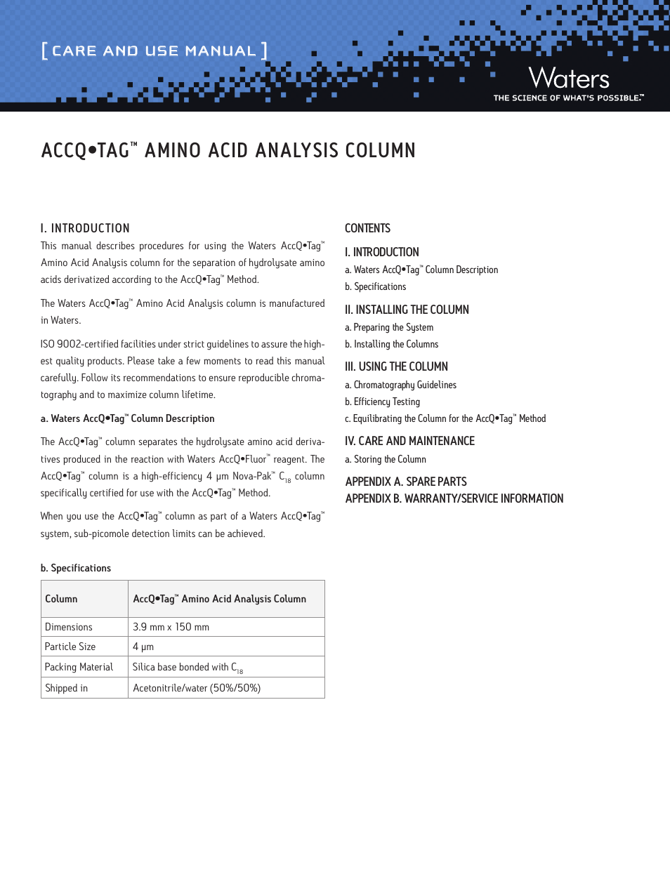 Waters AccQ-Tag Amino Acid Analysis Column User Manual | 6 pages