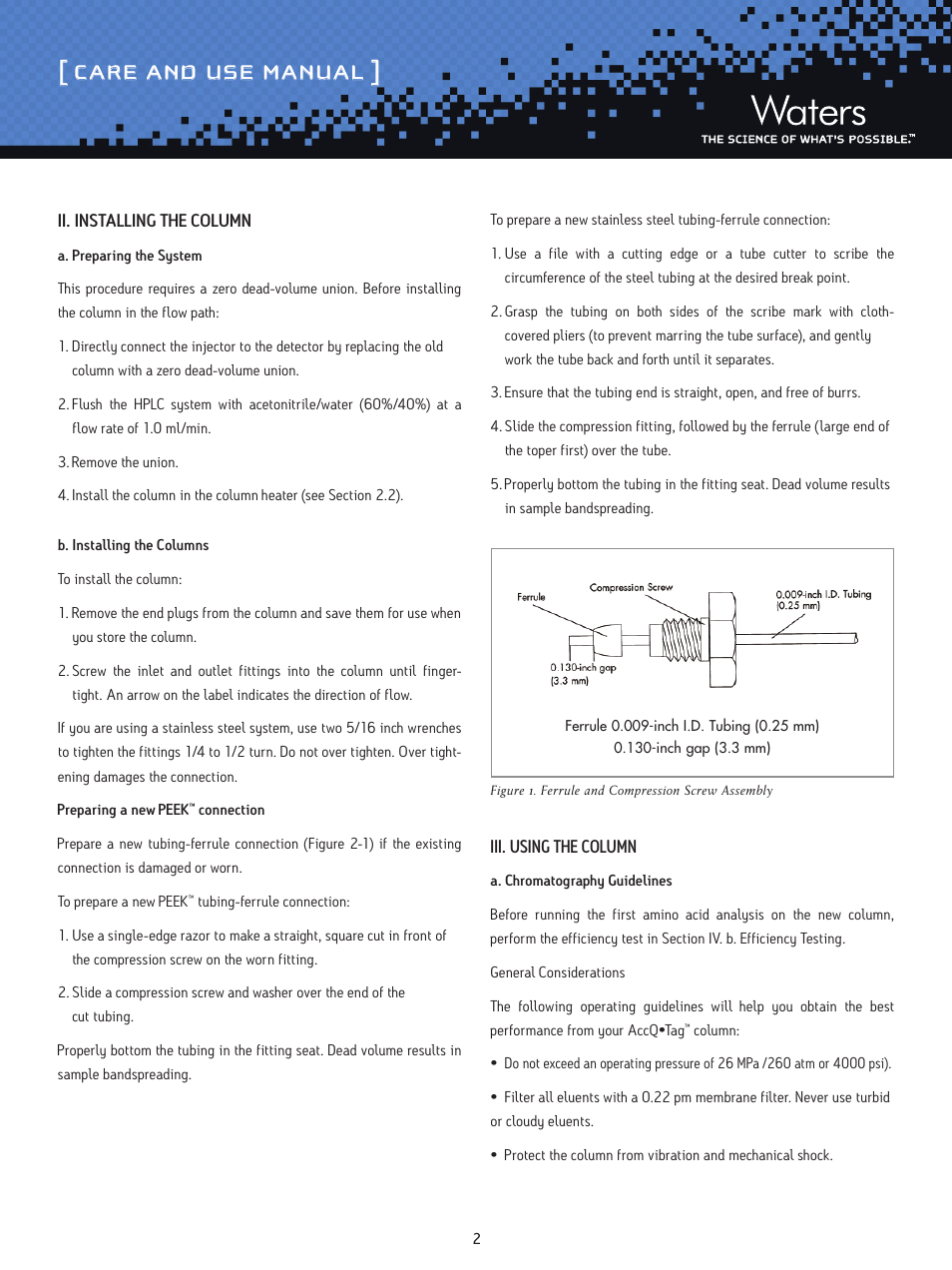 Care and use manual | Waters AccQ-Tag Amino Acid Analysis Column User Manual | Page 2 / 6