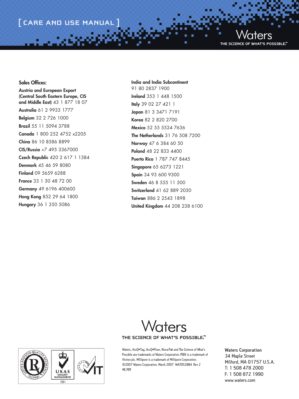Care and use manual | Waters AccQ-Tag Amino Acid Analysis Column User Manual | Page 6 / 6