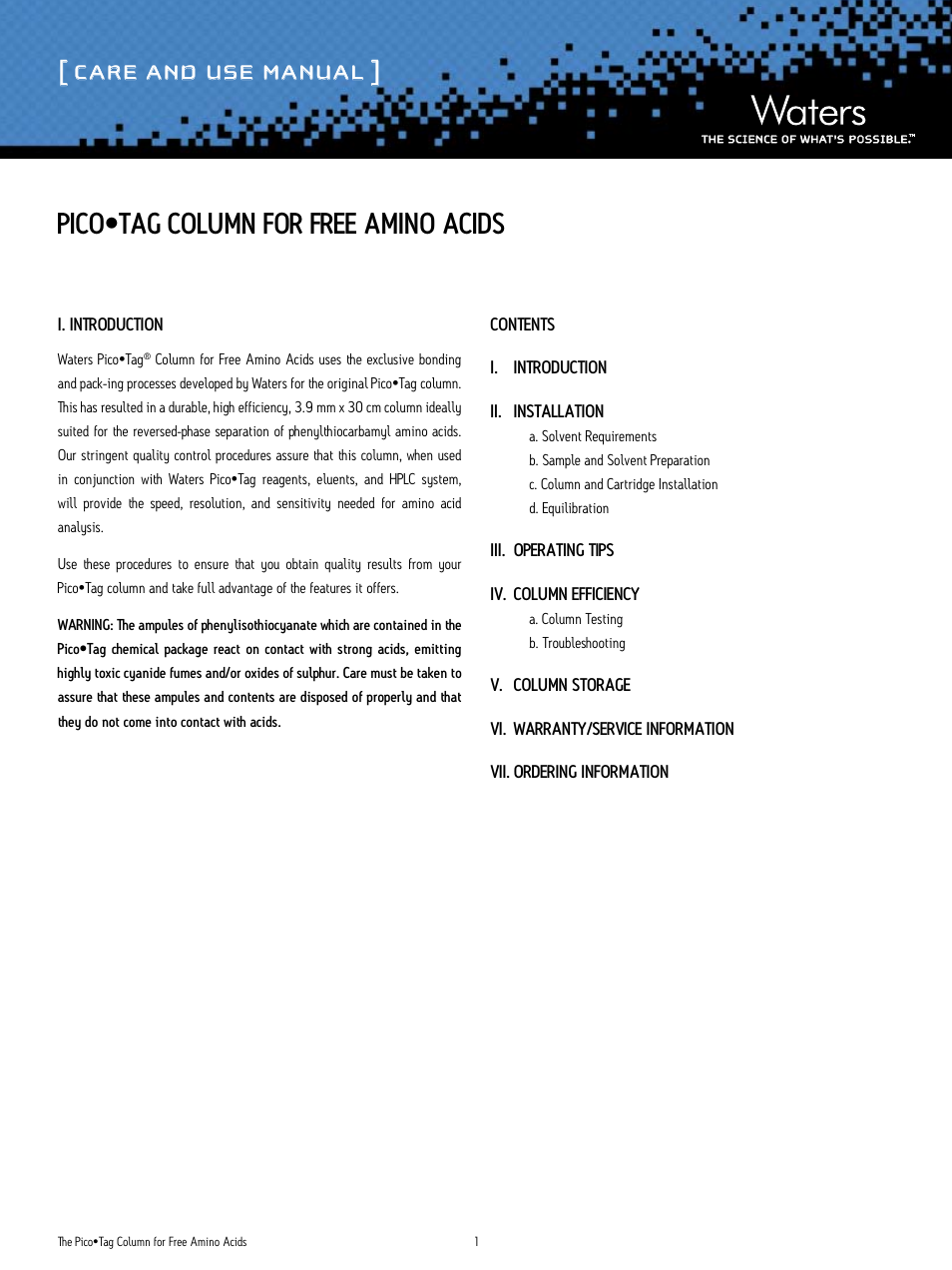 Waters Pico-Tag Columns for Free Amino Acids User Manual | 5 pages