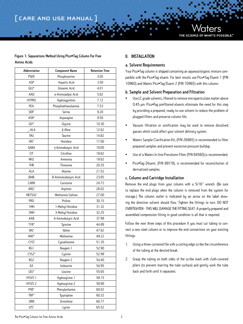 Care and use manual, Ii. installation a. solvent requirements, B. sample and solvent preparation and filtration | C. column and cartridge installation | Waters Pico-Tag Columns for Free Amino Acids User Manual | Page 2 / 5