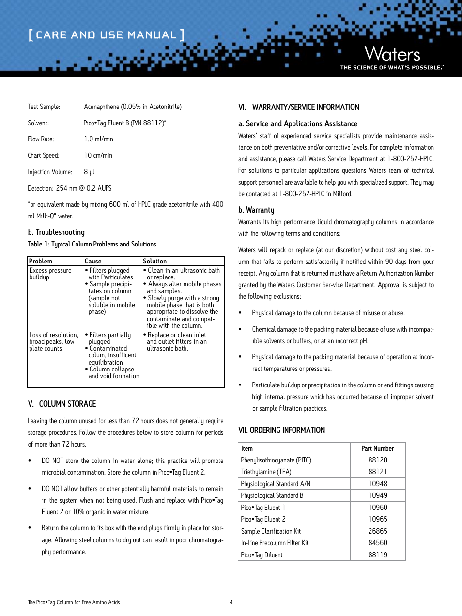 Care and use manual | Waters Pico-Tag Columns for Free Amino Acids User Manual | Page 4 / 5