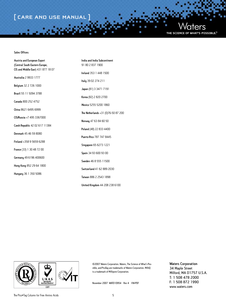 Care and use manual | Waters Pico-Tag Columns for Free Amino Acids User Manual | Page 5 / 5