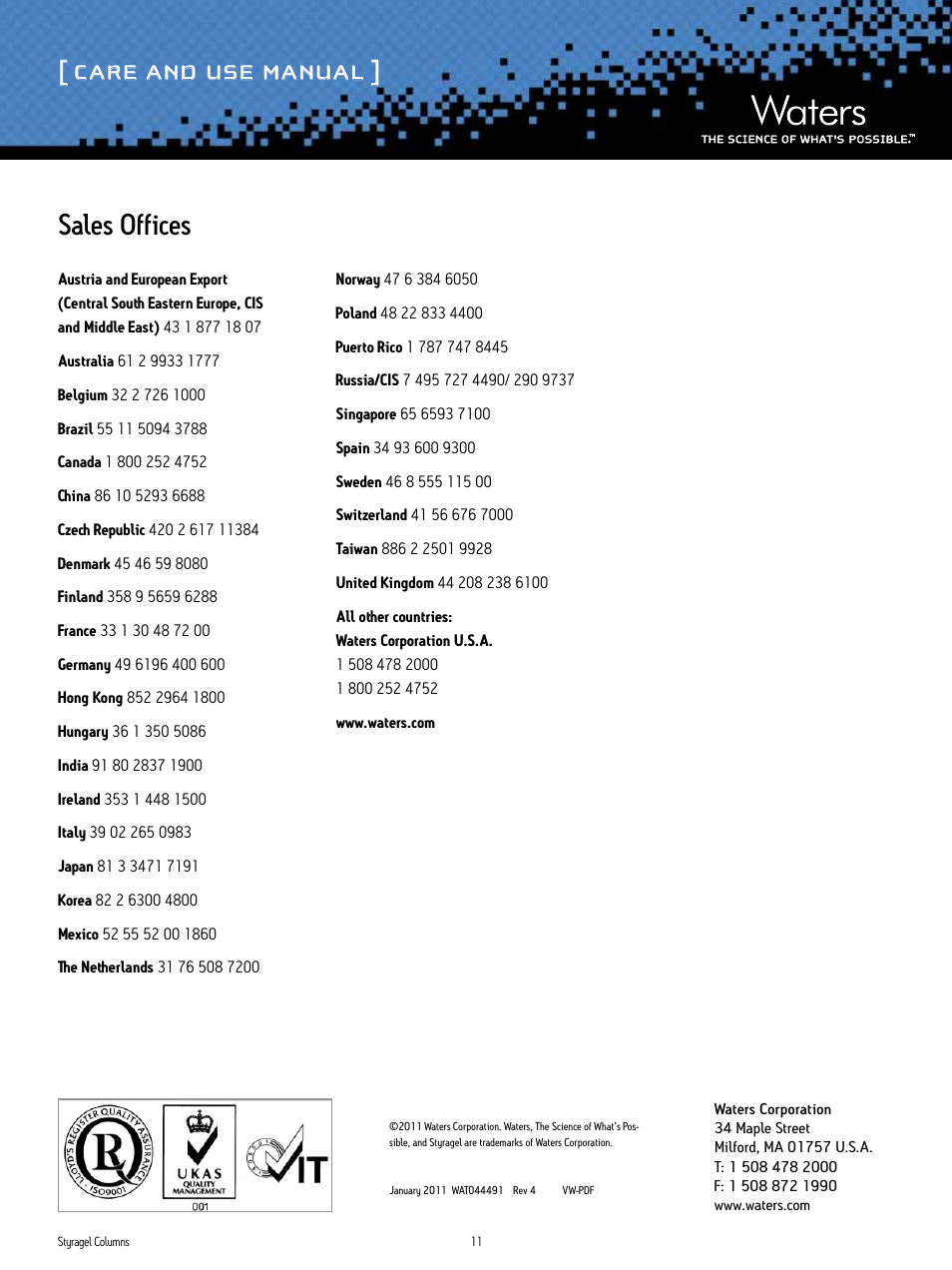 Care and use manual, Sales offices | Waters Styragel Columns User Manual | Page 11 / 11