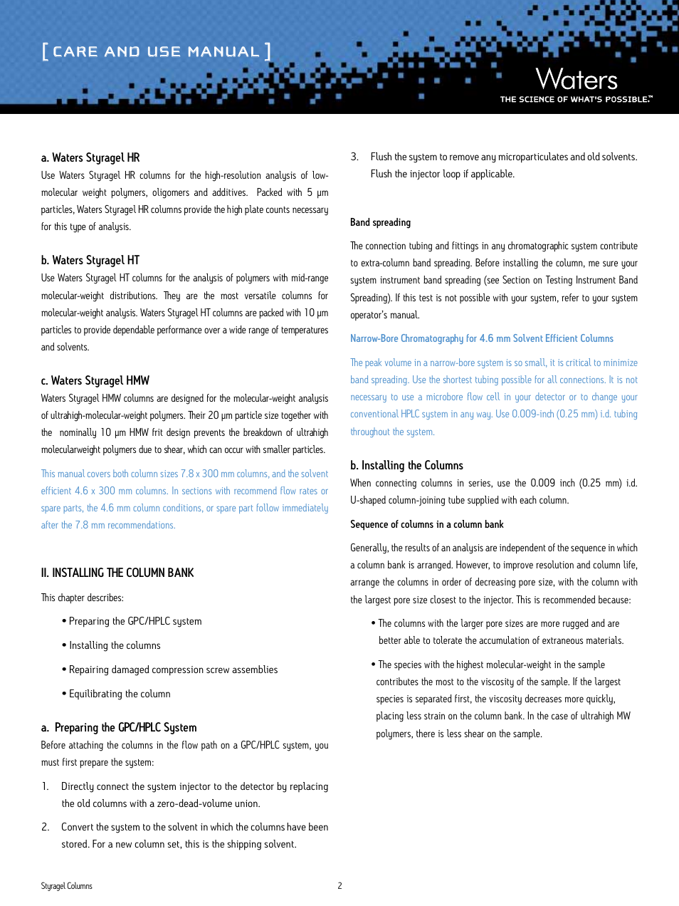 Care and use manual | Waters Styragel Columns User Manual | Page 2 / 11