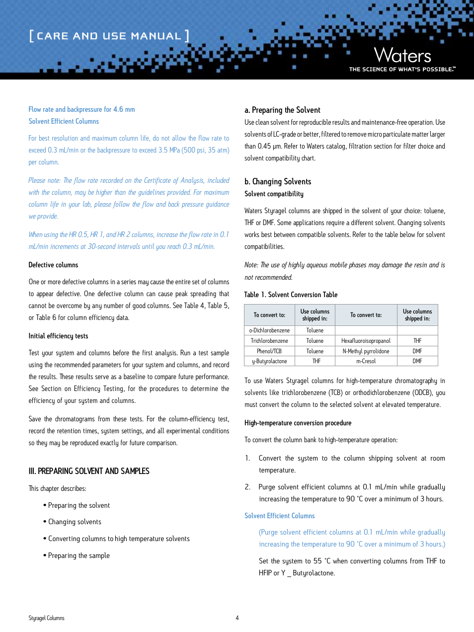 Care and use manual | Waters Styragel Columns User Manual | Page 4 / 11