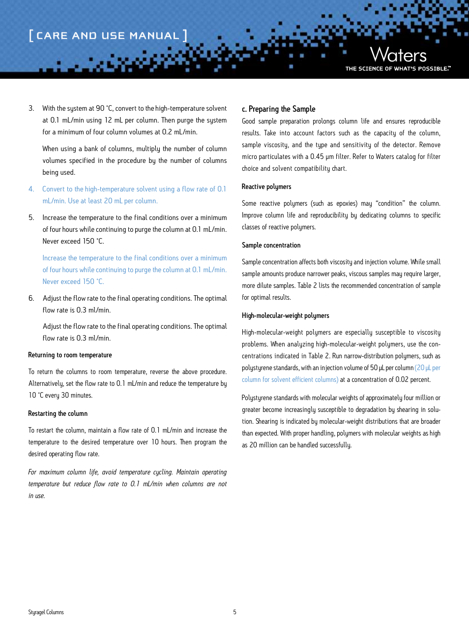 Care and use manual | Waters Styragel Columns User Manual | Page 5 / 11