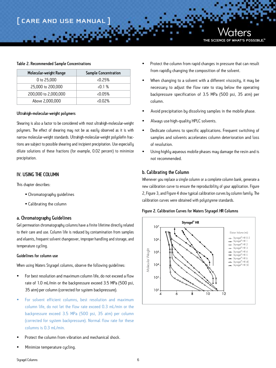 Care and use manual, Iv. using the column, A. chromatography guidelines | B. calibrating the column, Table 2. recommended sample concentrations, Ultrahigh-molecular-weight polymers | Waters Styragel Columns User Manual | Page 6 / 11
