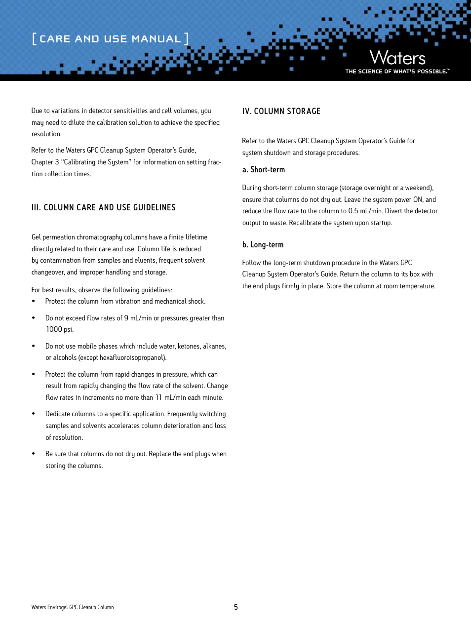Care and use manual | Waters Envirogel GPC Cleanup Column User Manual | Page 5 / 7