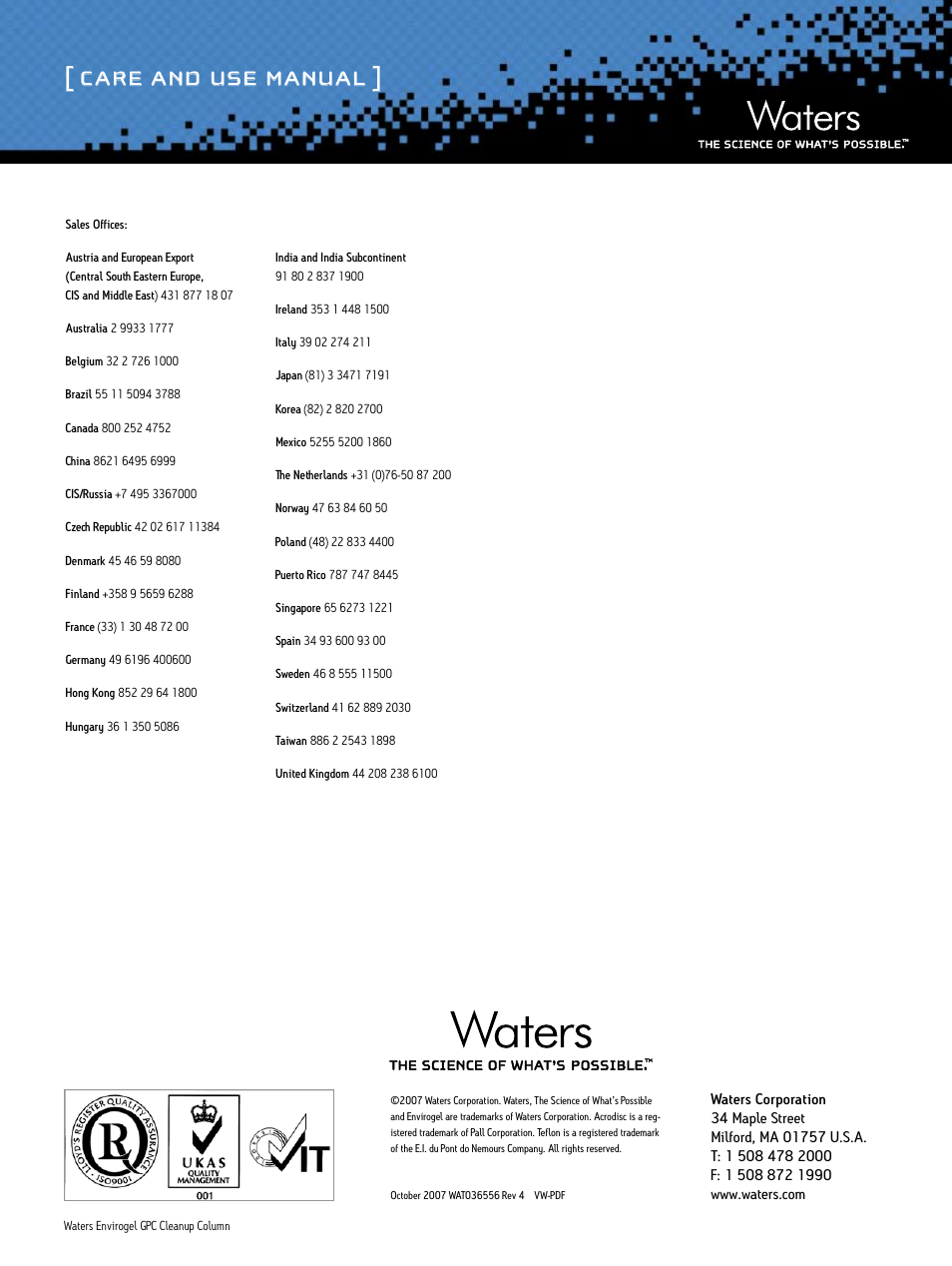 Care and use manual | Waters Envirogel GPC Cleanup Column User Manual | Page 7 / 7