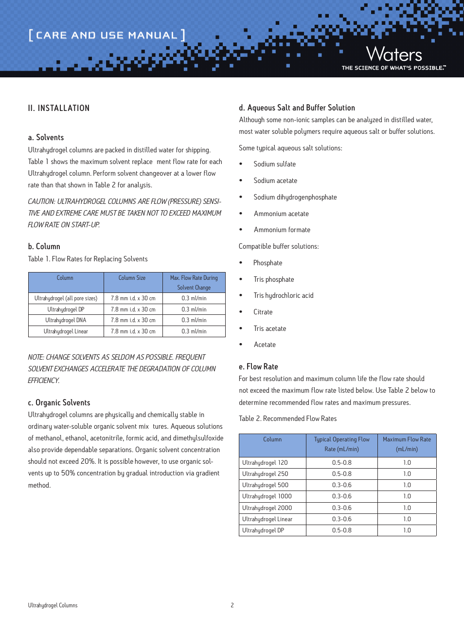 Care and use manual | Waters Ultrahydrogel Columns User Manual | Page 2 / 6