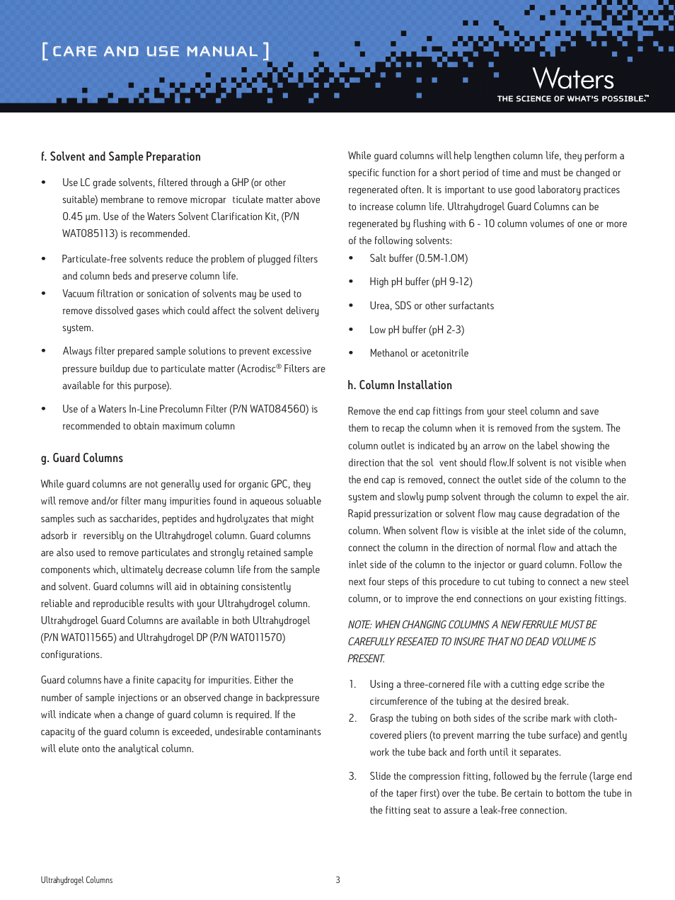 Care and use manual | Waters Ultrahydrogel Columns User Manual | Page 3 / 6