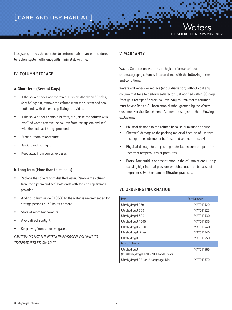 Care and use manual | Waters Ultrahydrogel Columns User Manual | Page 5 / 6